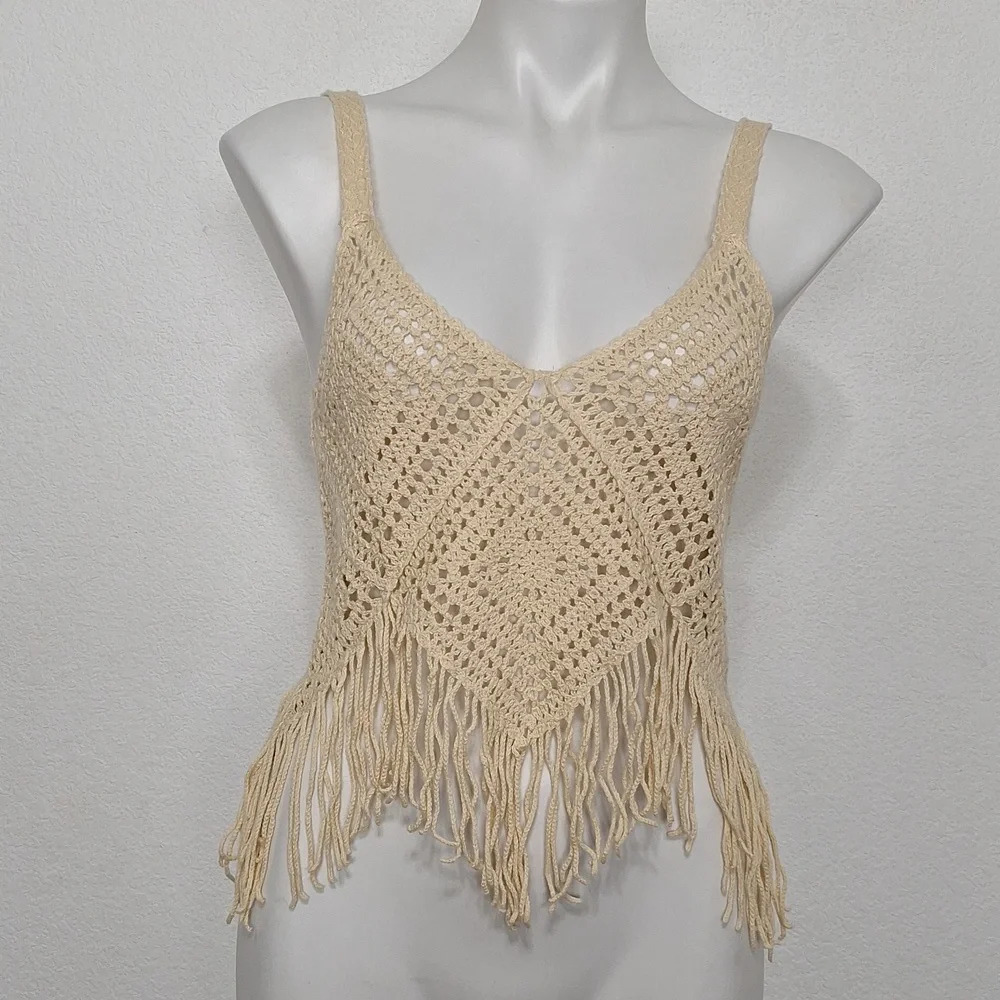 Pinky "NEW" Cream Retro 70's Crochet Fringe Bohemian Cropped Y2K Top Size M
